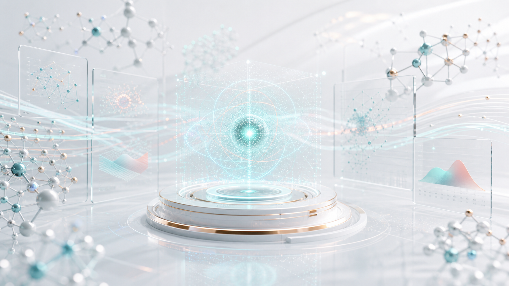 Bright 3D AI research visualization with catalyst data streams