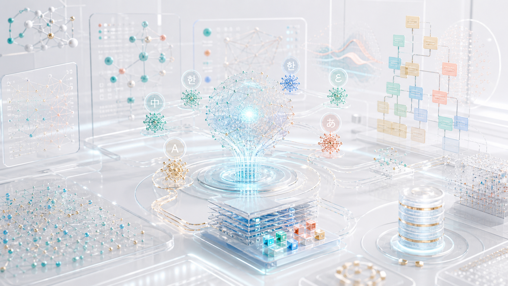 Bright 3D visualization of multilingual AI fairness and proof systems